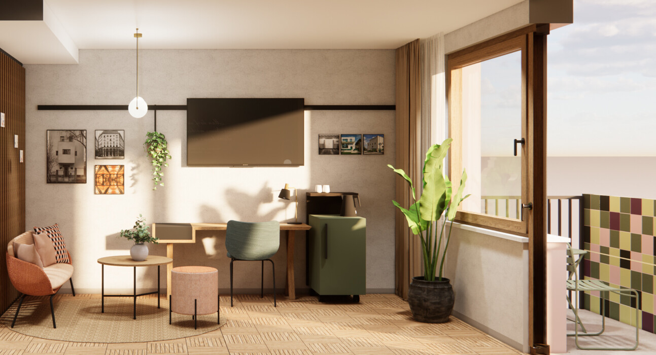 Circular Living room with a balcony at Henriette Stadthotel Vienna.